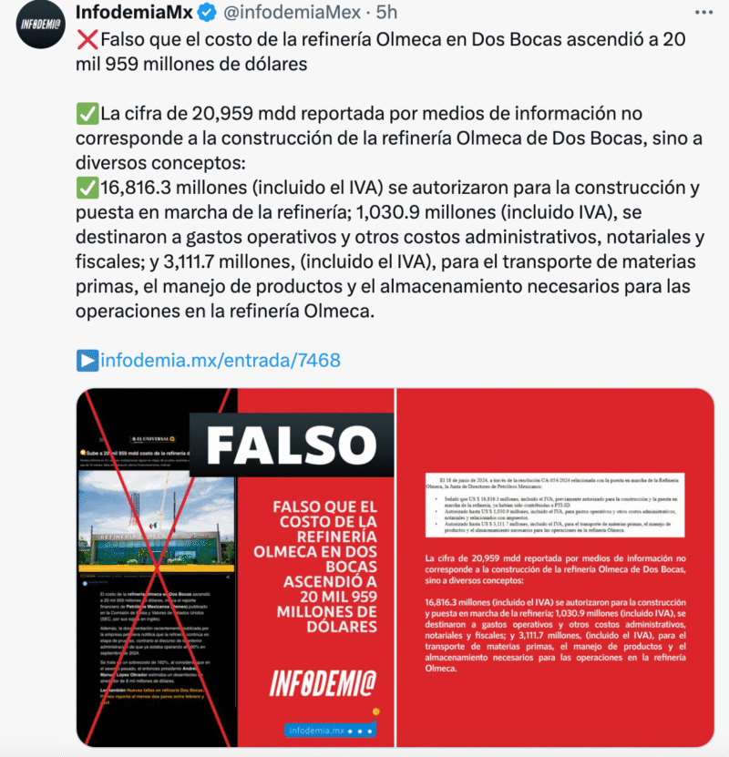 Infodemia desinforma sobre el costo de Refinería de Dos Bocas